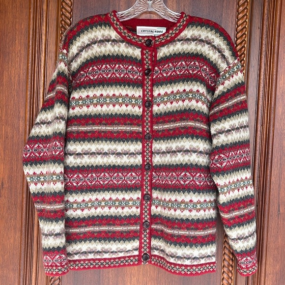 Vintage Crystal Kobe Shetland Wool Sweater Nordic Red Fair Isle Womens Small - Picture 9 of 16